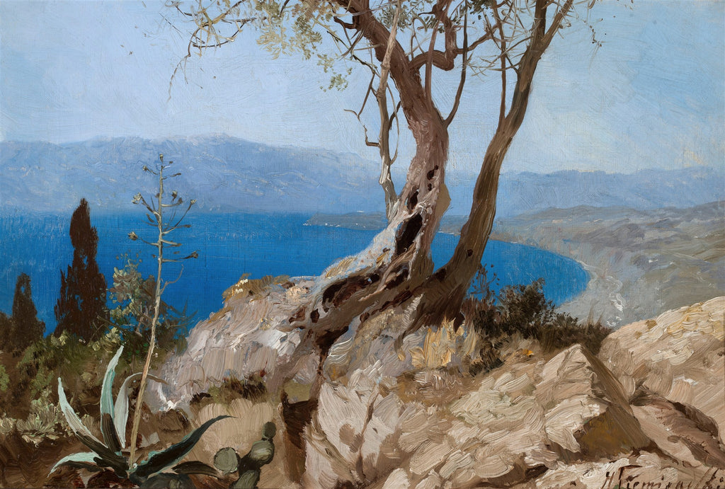Pintura a óleo atribuída a Henryk Siemiradzki, retratando uma paisagem mediterrânea com um mar azul intenso, montanhas ao fundo e uma árvore retorcida e vegetação rasteira em primeiro plano, em tons terrosos e verdes.