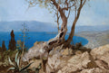 Pintura a óleo atribuída a Henryk Siemiradzki, retratando uma paisagem mediterrânea com um mar azul intenso, montanhas ao fundo e uma árvore retorcida e vegetação rasteira em primeiro plano, em tons terrosos e verdes.