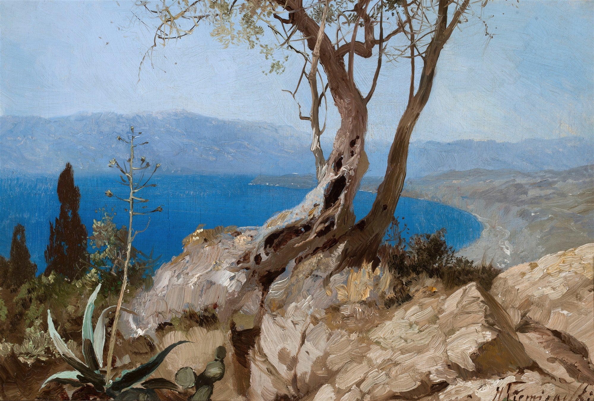 Pintura a óleo atribuída a Henryk Siemiradzki, retratando uma paisagem mediterrânea com um mar azul intenso, montanhas ao fundo e uma árvore retorcida e vegetação rasteira em primeiro plano, em tons terrosos e verdes.
