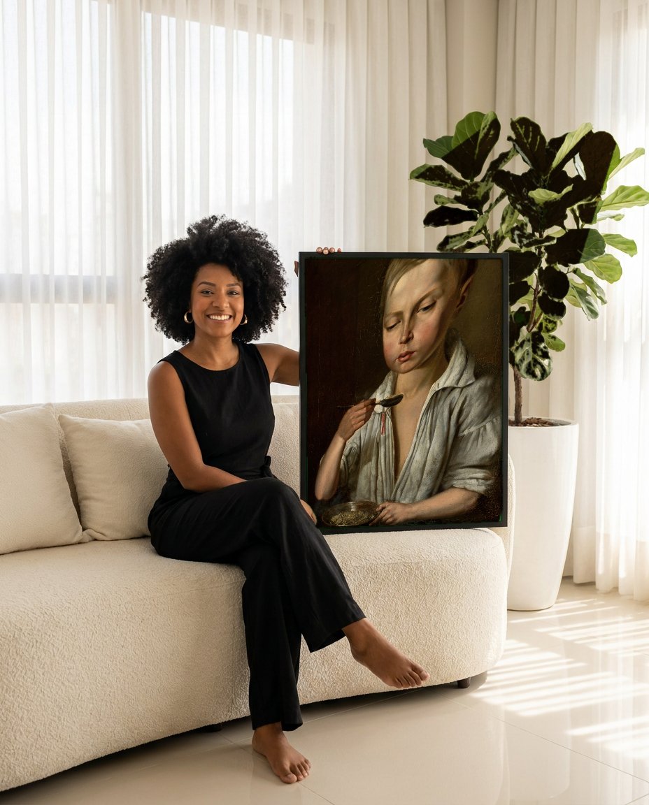 Quadro Decorativo O Menino com a Colher - Józef Simmler com modelo em ambiente