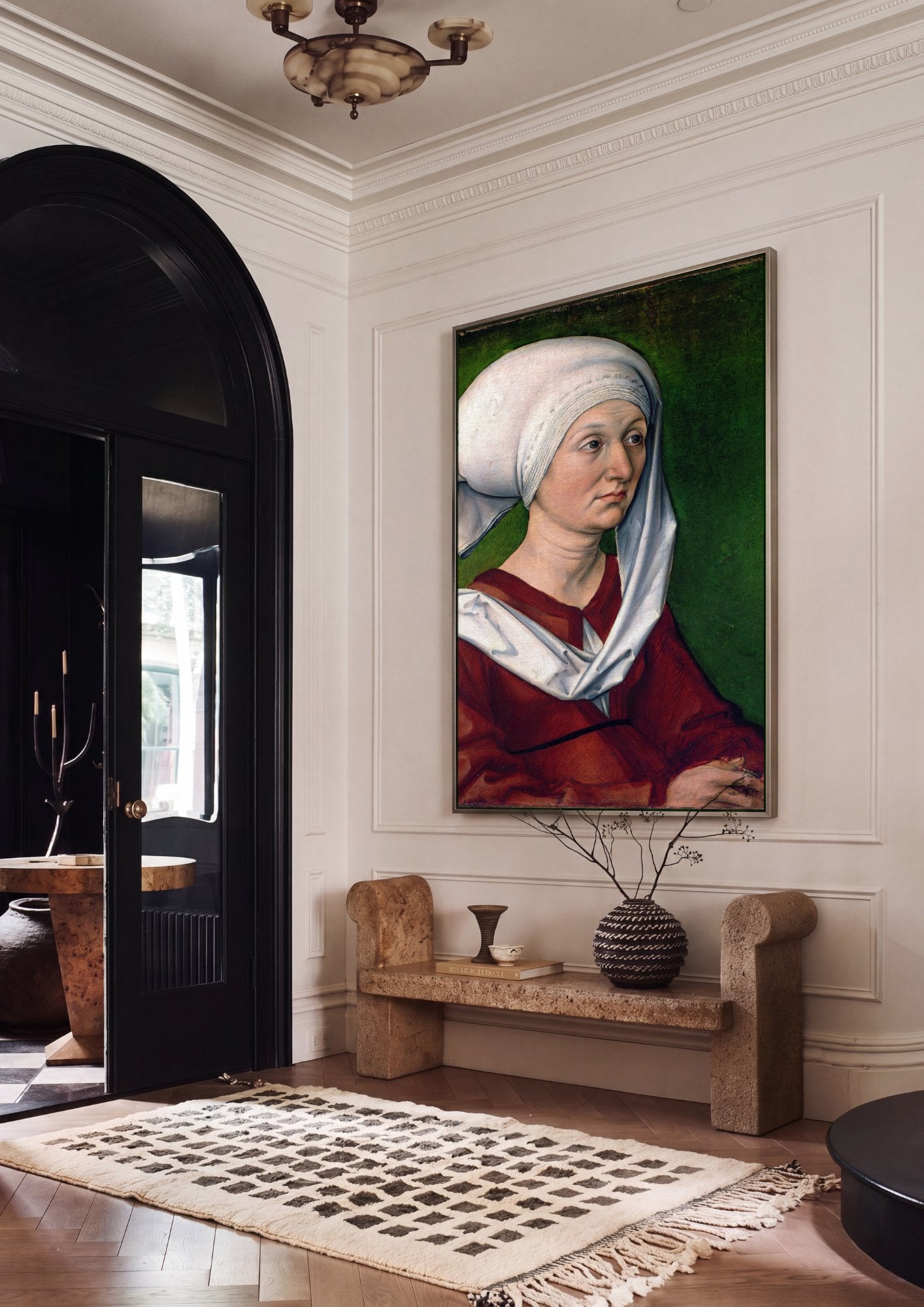 Quadro Decorativo Retrato de uma Mulher com Touca Branca - Dürer em ambiente decorado