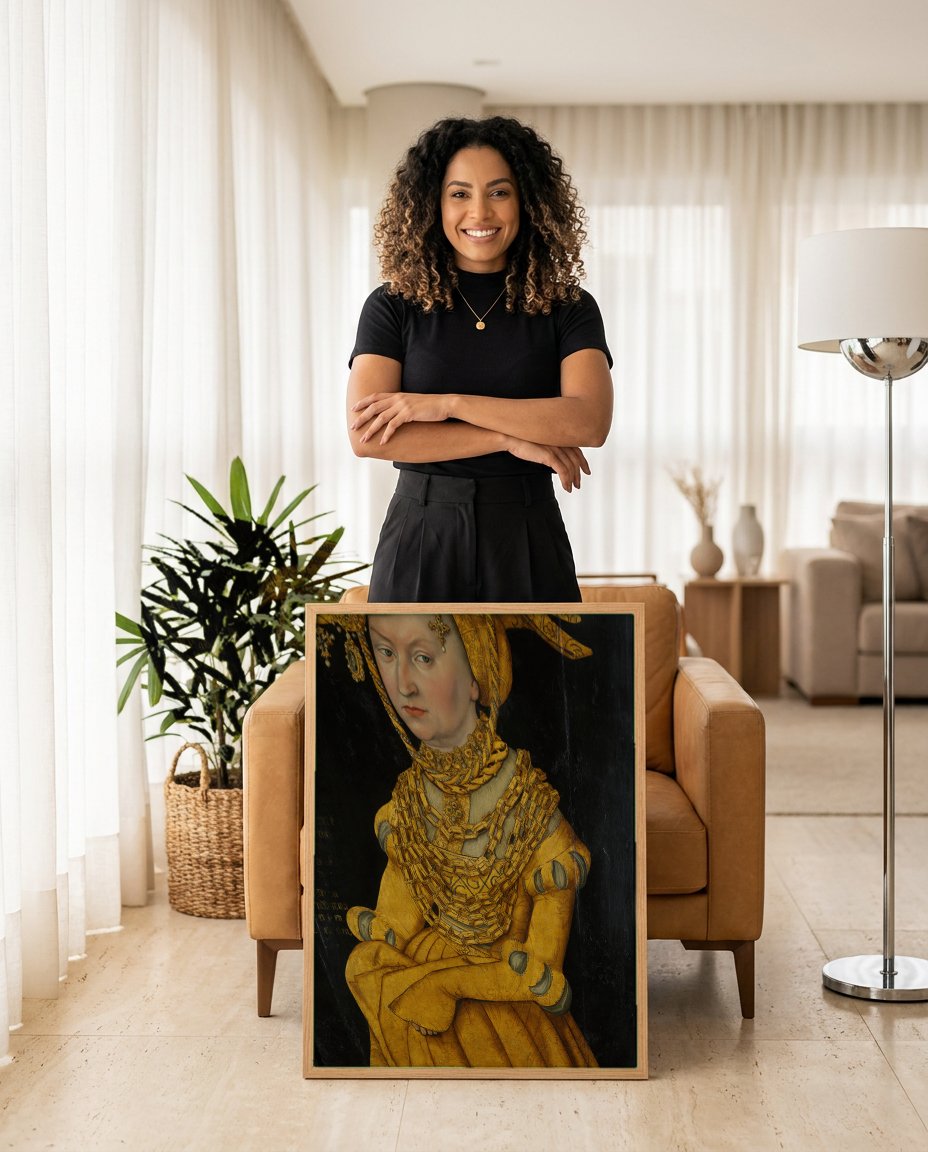 Quadro Decorativo Retrato de uma Mulher Saxônica - Cranach com modelo em ambiente