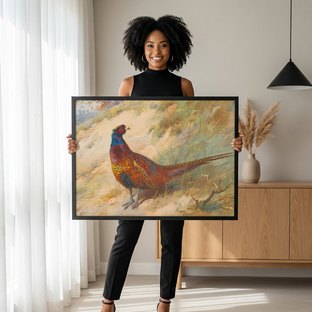 Quadro Decorativo Faisão Colorido - Archibald Thorburn com modelo em ambiente