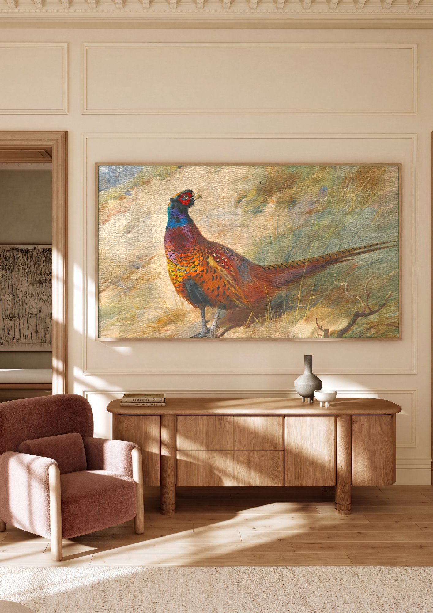 Quadro Decorativo Faisão Colorido - Archibald Thorburn em ambiente decorado