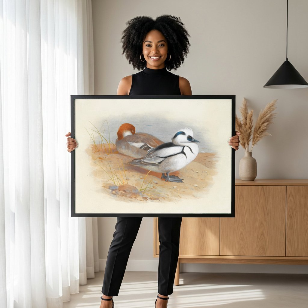 Quadro Decorativo Patos Merganser - Archibald Thorburn com modelo em ambiente