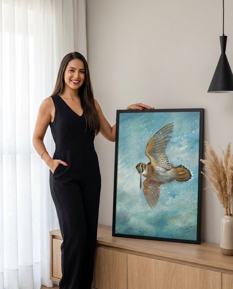 Quadro Decorativo Maçarico Voador - Archibald Thorburn com modelo em ambiente