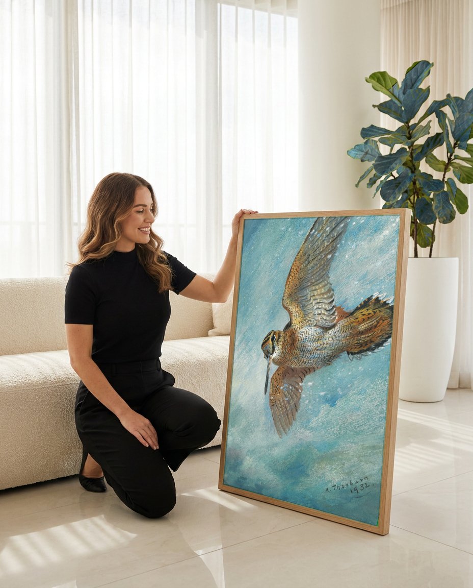 Quadro Decorativo Maçarico Voador - Archibald Thorburn com modelo em ambiente