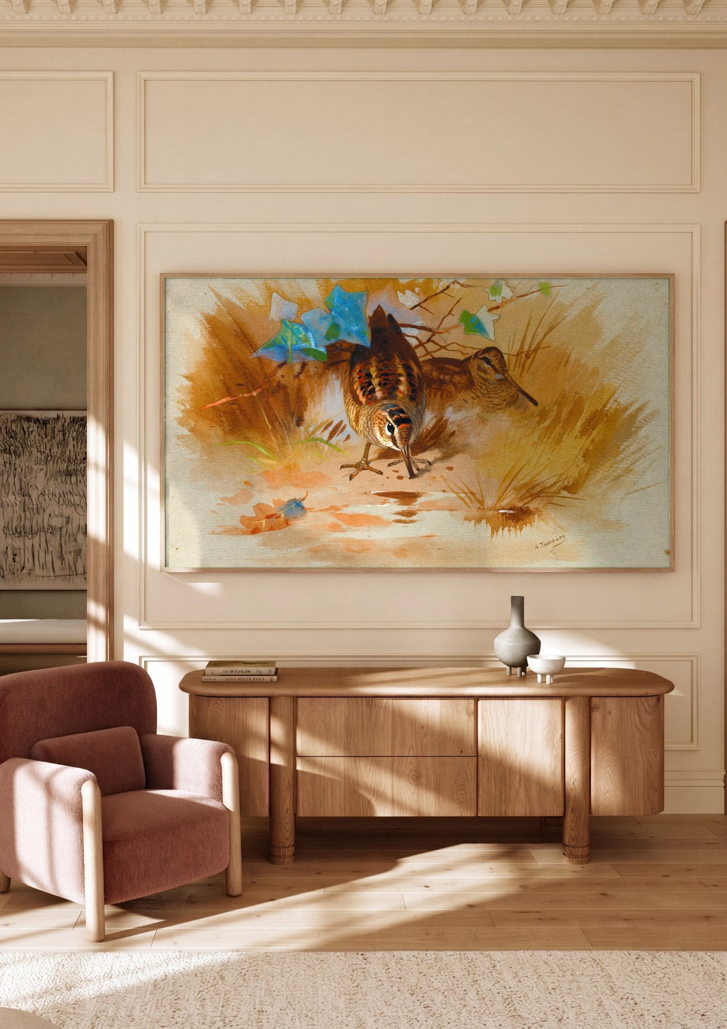 Quadro Decorativo Aves do Pântano - Archibald Thorburn em ambiente decorado