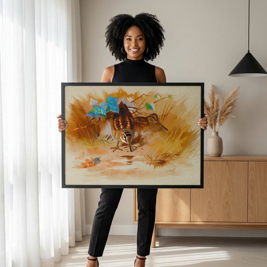 Quadro Decorativo Aves do Pântano - Archibald Thorburn com modelo em ambiente