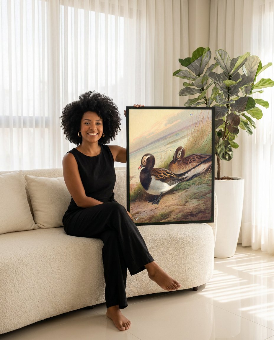 Quadro Decorativo Patos Selvagens - Archibald Thorburn com modelo em ambiente