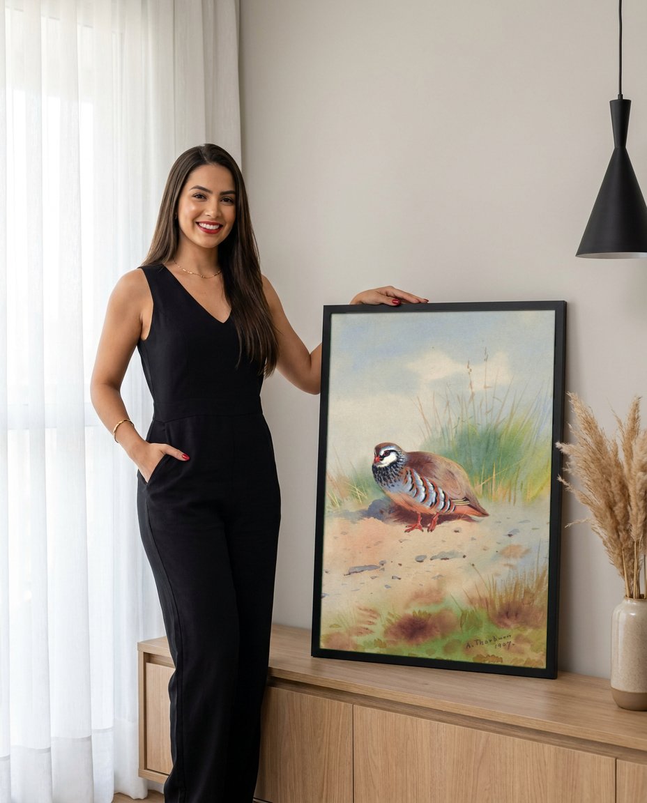 Quadro Decorativo Perdiz-vermelha - Archibald Thorburn com modelo em ambiente