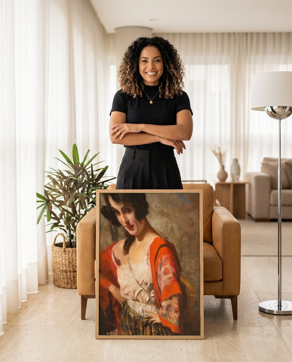 Quadro Decorativo A Cigana - Leopold Schmutzler com modelo em ambiente