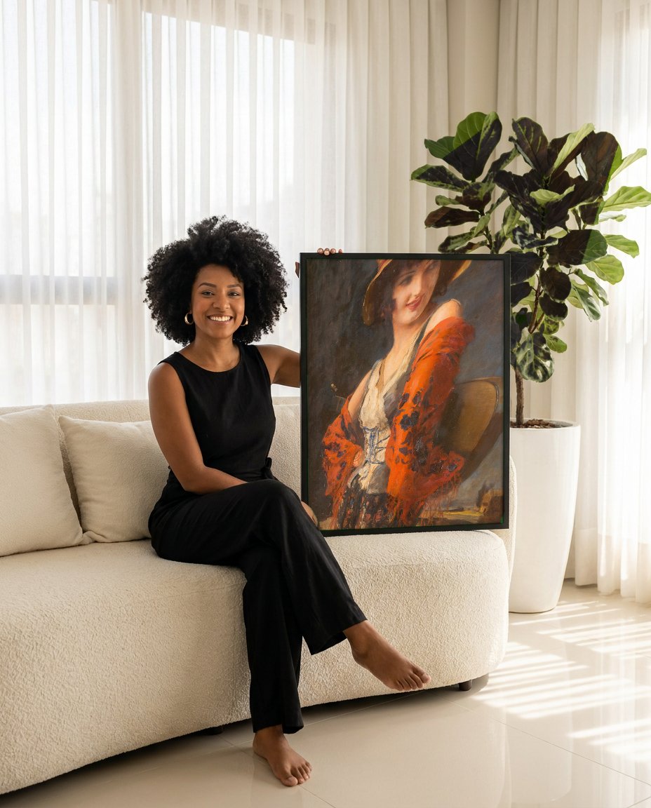 Quadro Decorativo A Cigana – Leopold Schmutzler com modelo em ambiente
