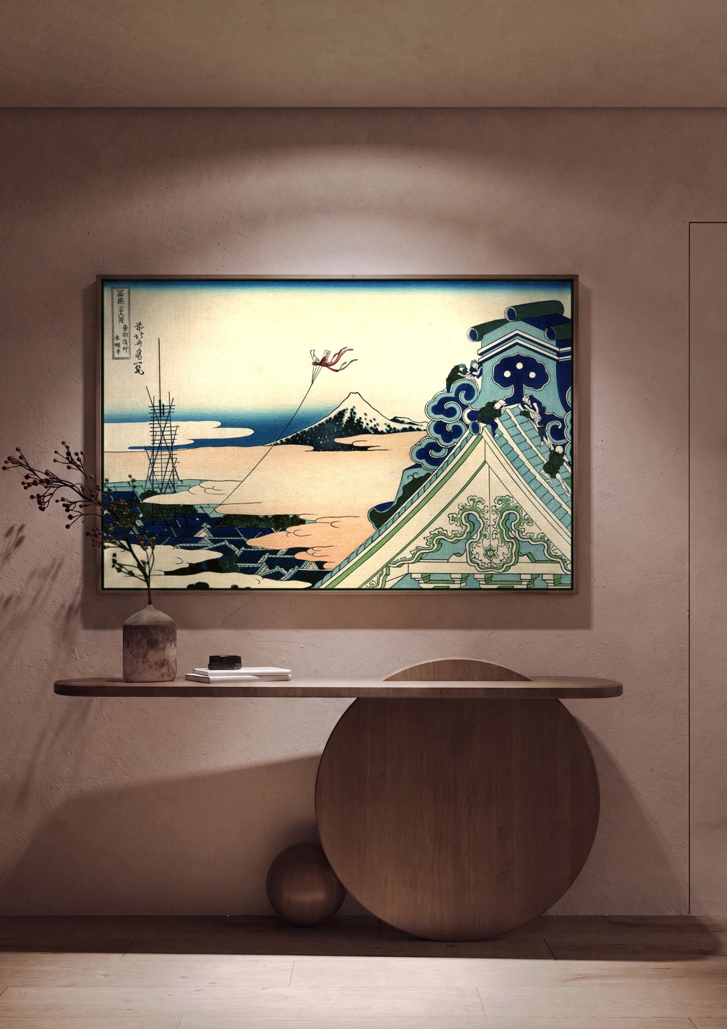 Quadro Decorativo A Pipa do Templo de Honjo - Hokusai em ambiente decorado