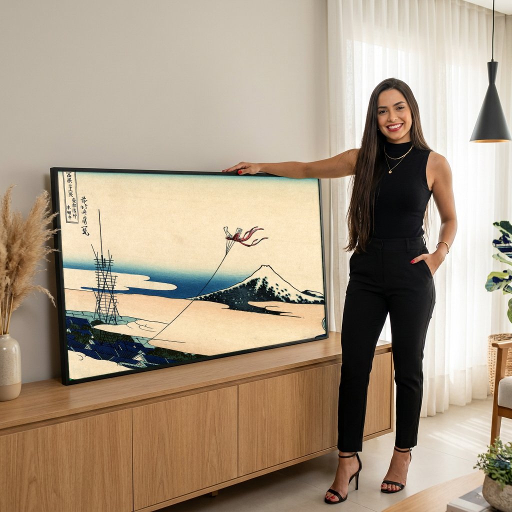 Quadro Decorativo A Pipa do Templo de Honjo - Hokusai com modelo em ambiente