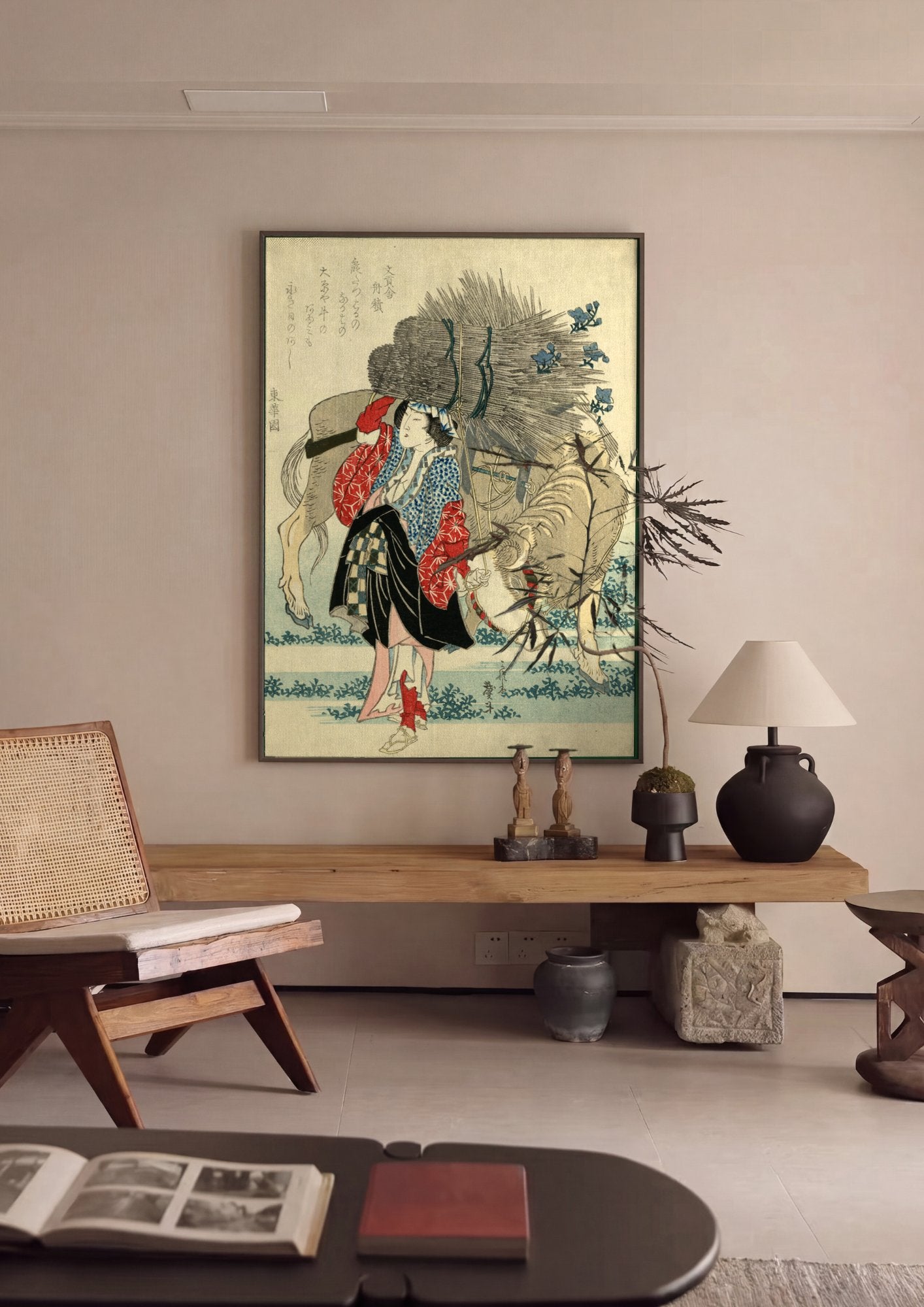 Quadro Decorativo A Mulher e o Cavalo - Hokusai em ambiente decorado