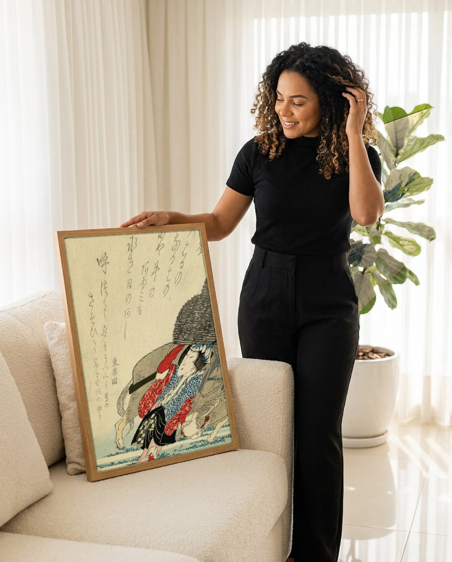 Quadro Decorativo A Mulher e o Cavalo - Hokusai com modelo em ambiente