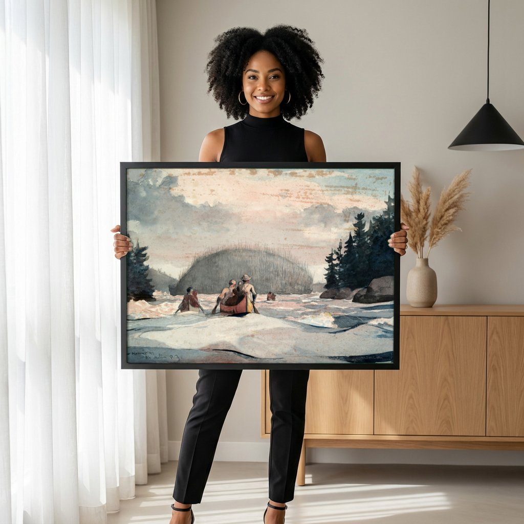 Quadro Decorativo Remo no Rio - Winslow Homer com modelo em ambiente