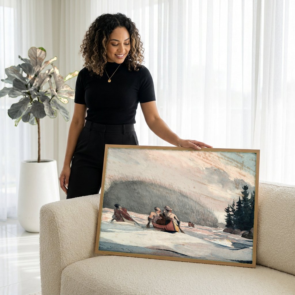 Quadro Decorativo Remo no Rio - Winslow Homer com modelo em ambiente