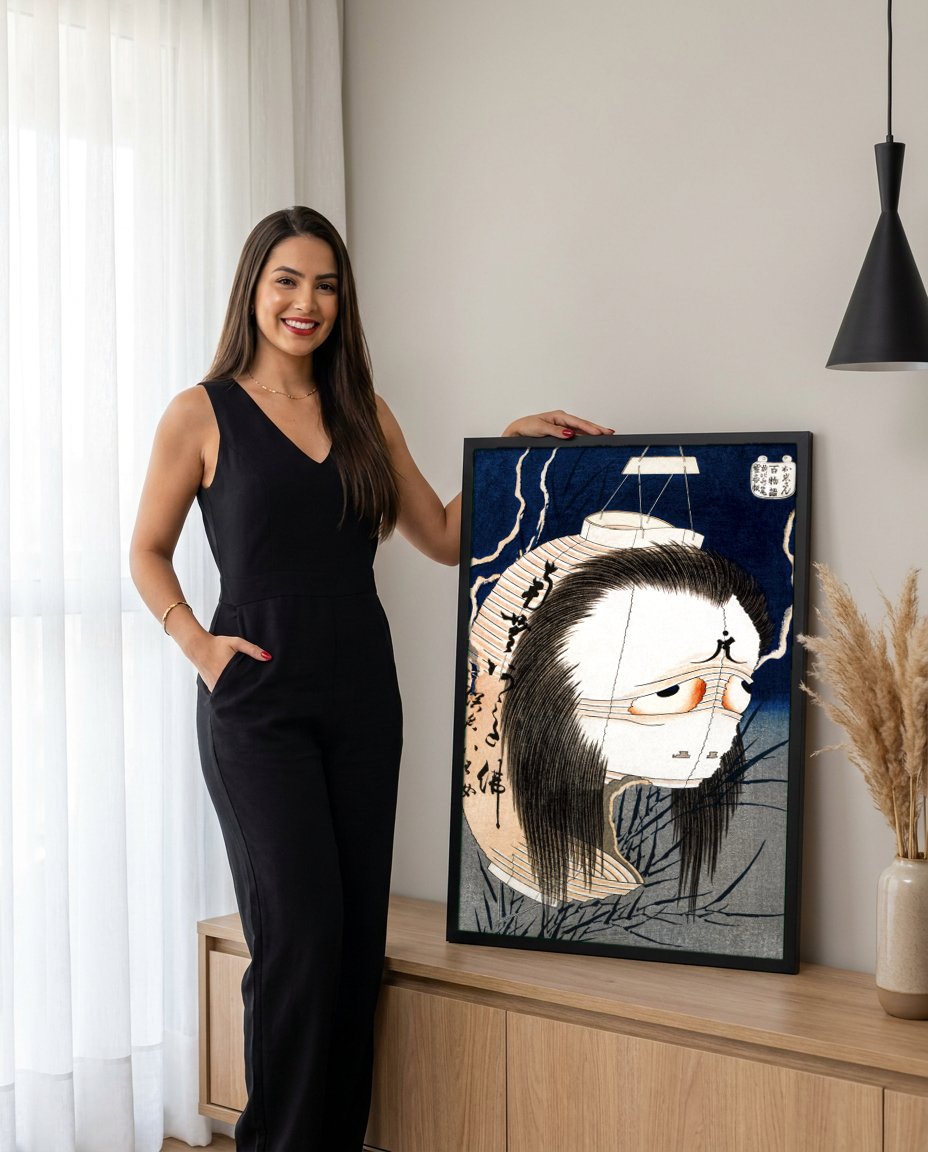 Quadro Decorativo A Lanterna Fantasma - Hokusai com modelo em ambiente