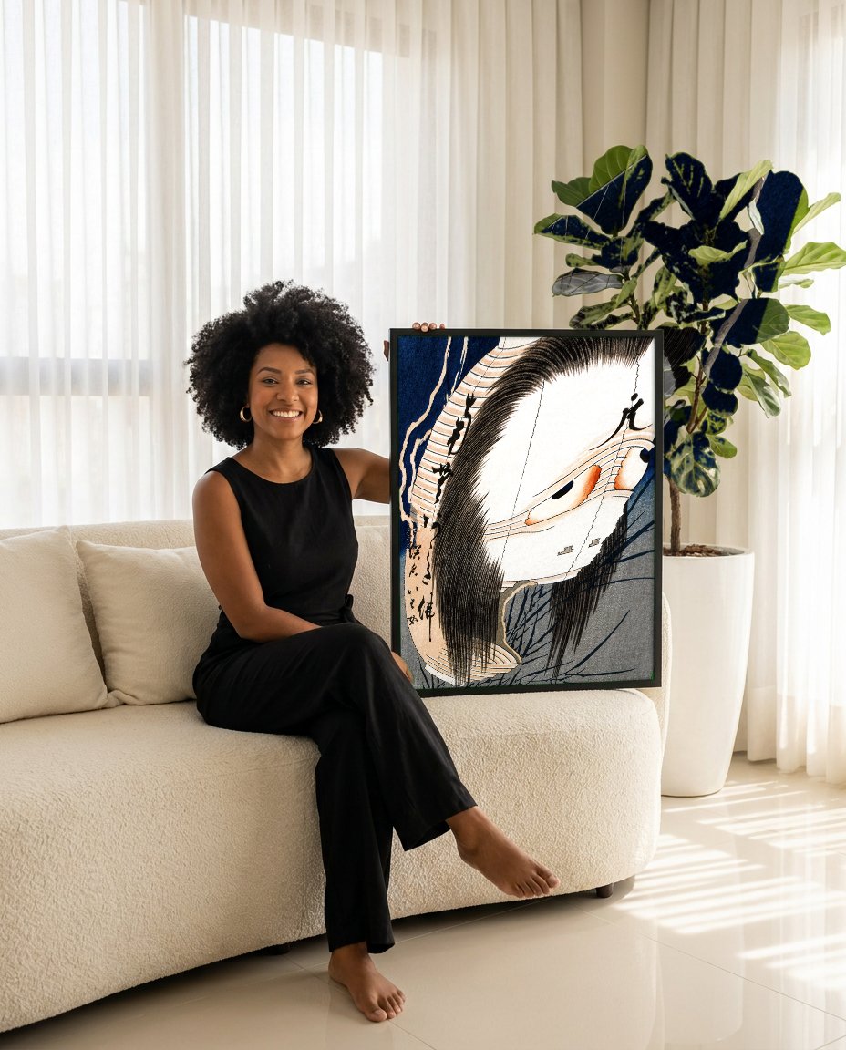 Quadro Decorativo A Lanterna Fantasma - Hokusai com modelo em ambiente