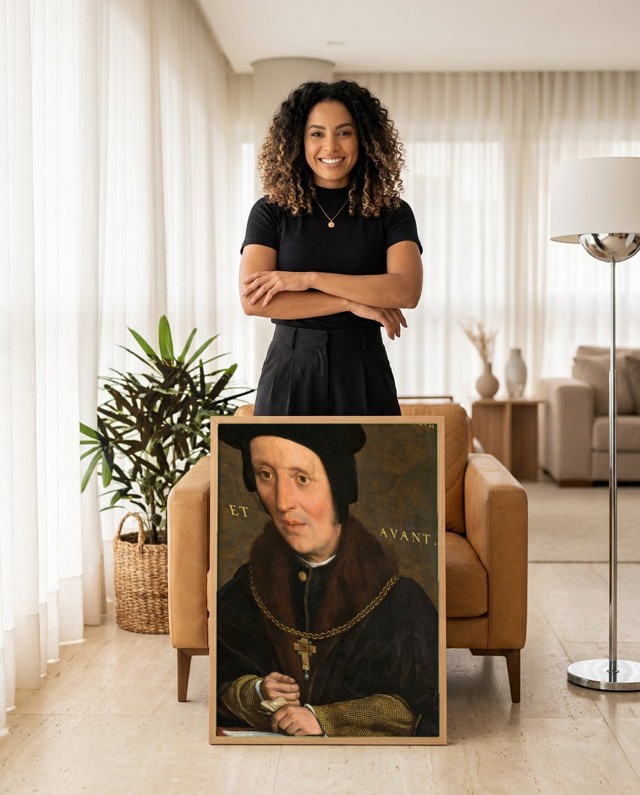 Quadro Decorativo 'Sir Brian Tuke' - Hans Holbein com modelo em ambiente