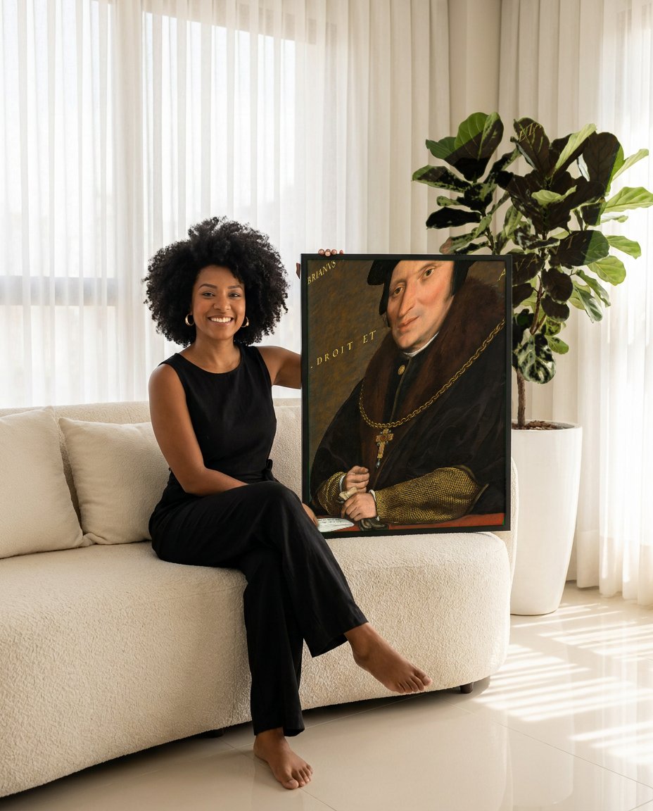 Quadro Decorativo 'Sir Brian Tuke' - Hans Holbein com modelo em ambiente