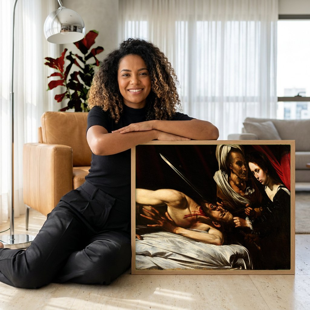 Quadro Decorativo 'Judite Decapitando Holofernes' - Caravaggio com modelo em ambiente