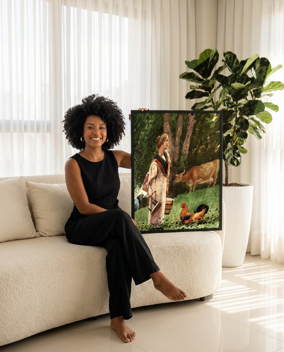 Quadro Decorativo A Leiteira - Winslow Homer com modelo em ambiente