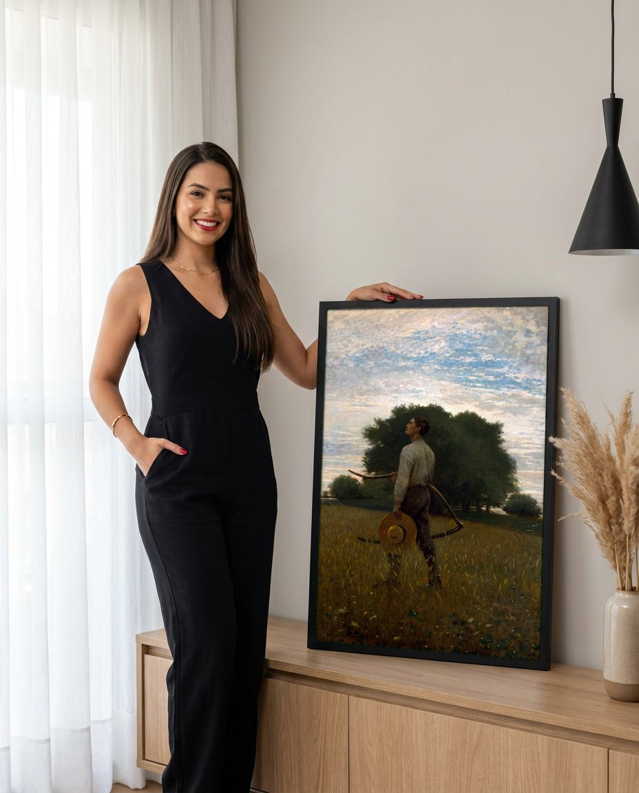 Quadro Decorativo O Ceifador - Winslow Homer com modelo em ambiente