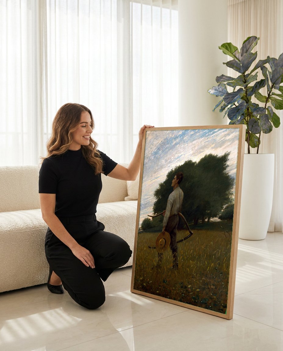 Quadro Decorativo O Ceifador - Winslow Homer com modelo em ambiente