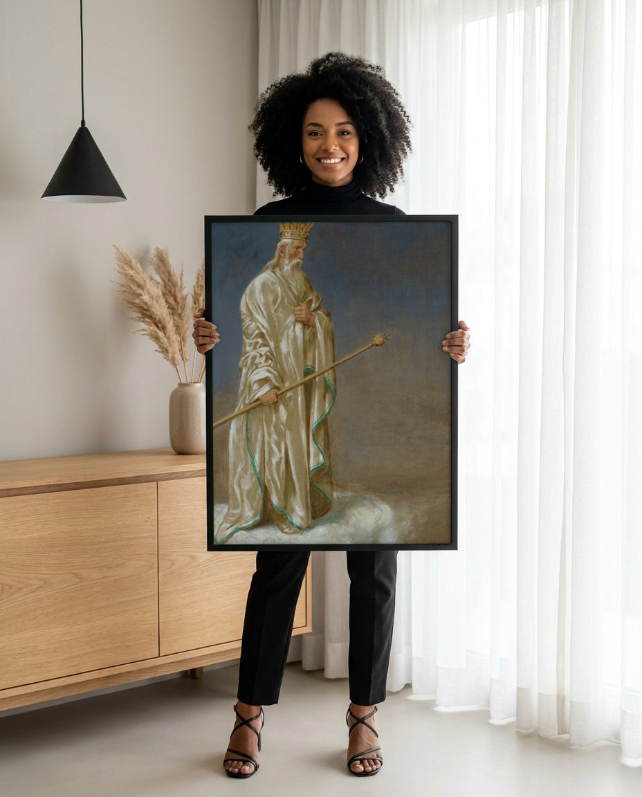 Quadro Decorativo 'O Pai Eterno' - Hans Thoma com modelo em ambiente