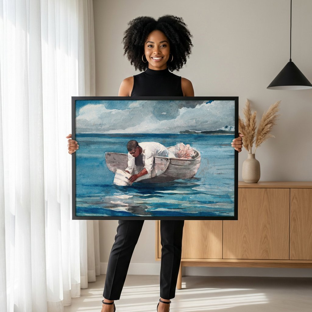 Quadro Decorativo O Pescador - Winslow Homer com modelo em ambiente