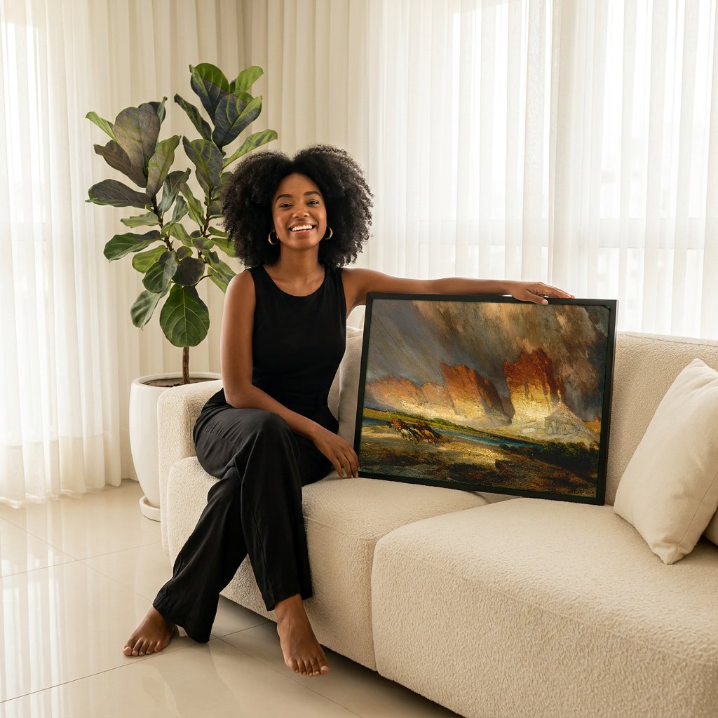 Quadro Decorativo Chuva na Montanha - Thomas Moran com modelo em ambiente