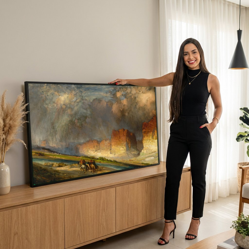 Quadro Decorativo Chuva na Montanha - Thomas Moran com modelo em ambiente