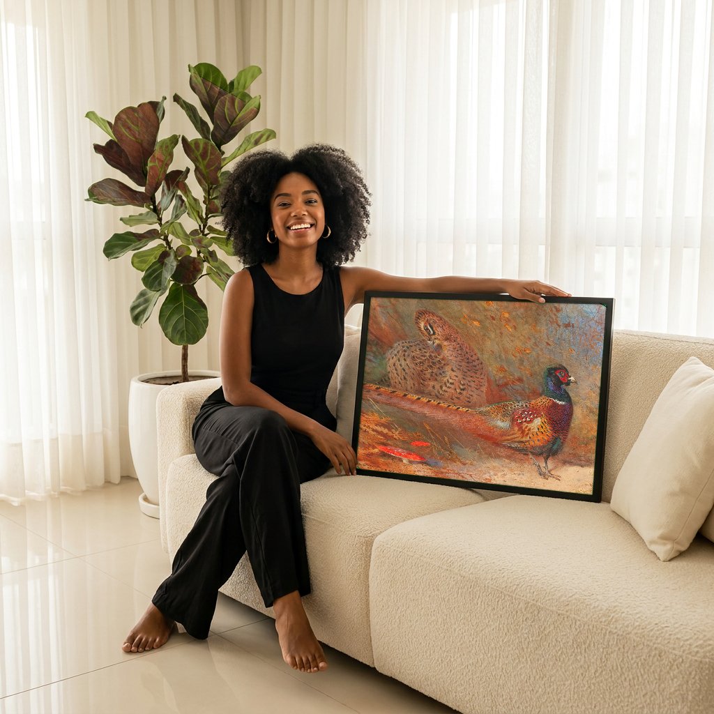 Quadro Decorativo Faisões em Outono - Thorburn com modelo em ambiente