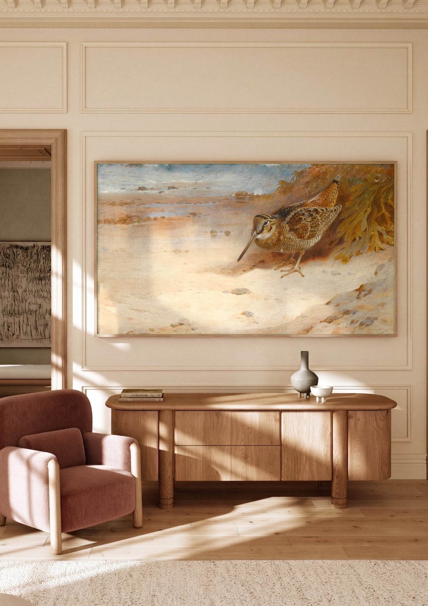 Quadro Decorativo Maçarico na Praia - Thorburn em ambiente decorado