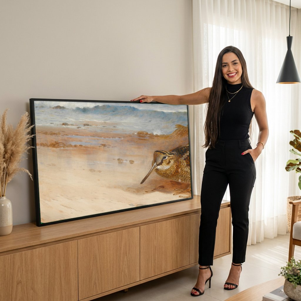 Quadro Decorativo Maçarico na Praia - Thorburn com modelo em ambiente