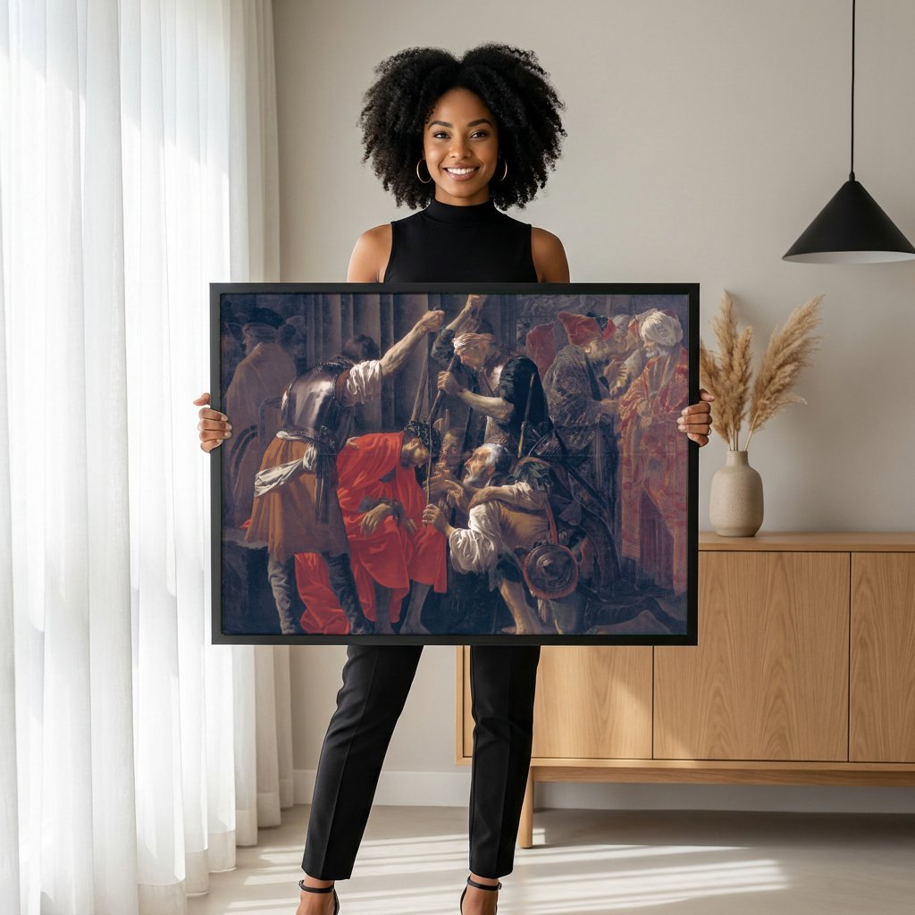 Quadro Decorativo A Coroação de Espinhos - Hendrick ter Brugghen com modelo em ambiente