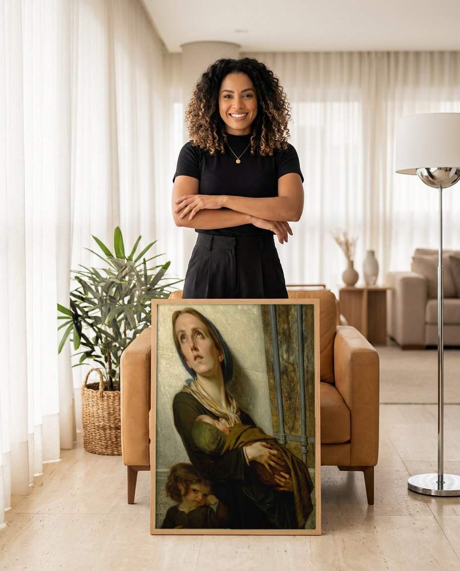Quadro Decorativo A Mãe e Seus Filhos - Hugues Merle com modelo em ambiente