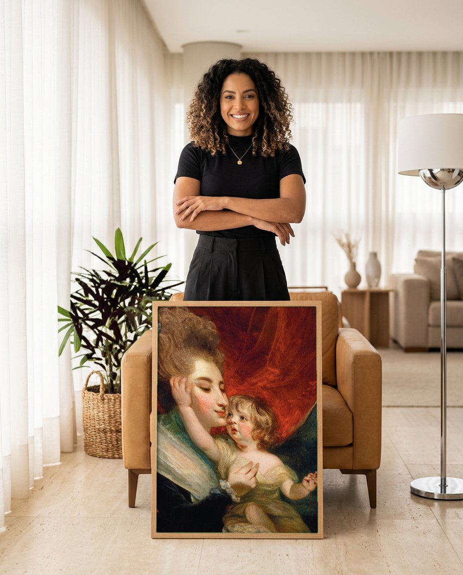 Quadro Decorativo Mãe e Filho - Sir Joshua Reynolds com modelo em ambiente