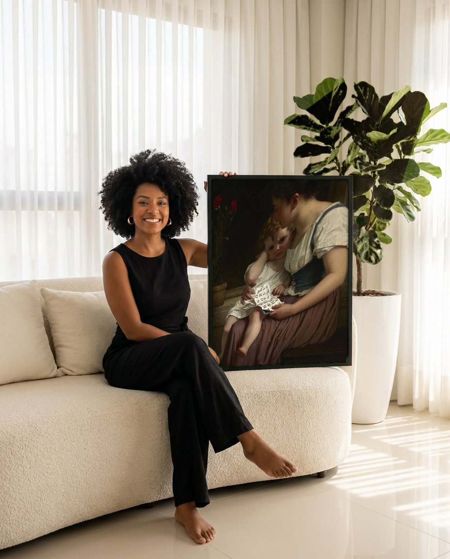 Quadro Decorativo A Lição de Leitura - Hugues Merle com modelo em ambiente