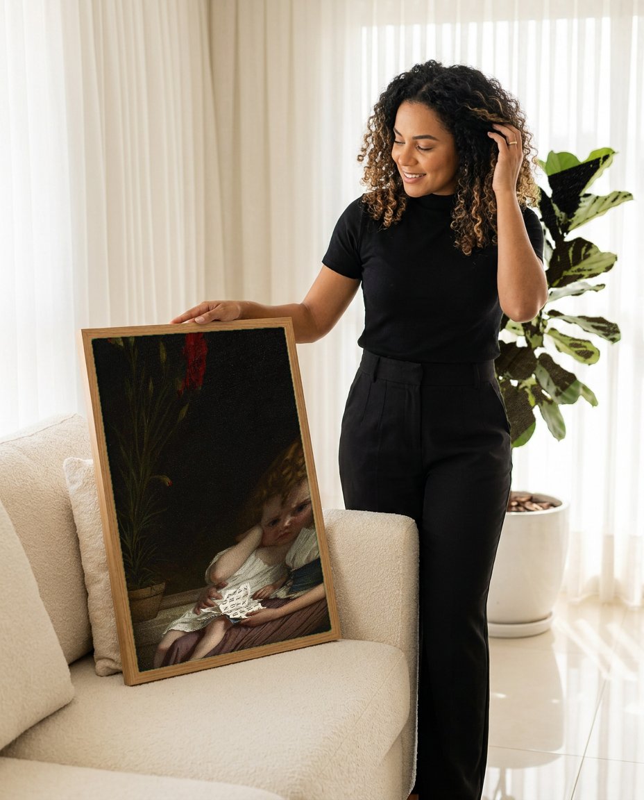 Quadro Decorativo A Lição de Leitura - Hugues Merle com modelo em ambiente