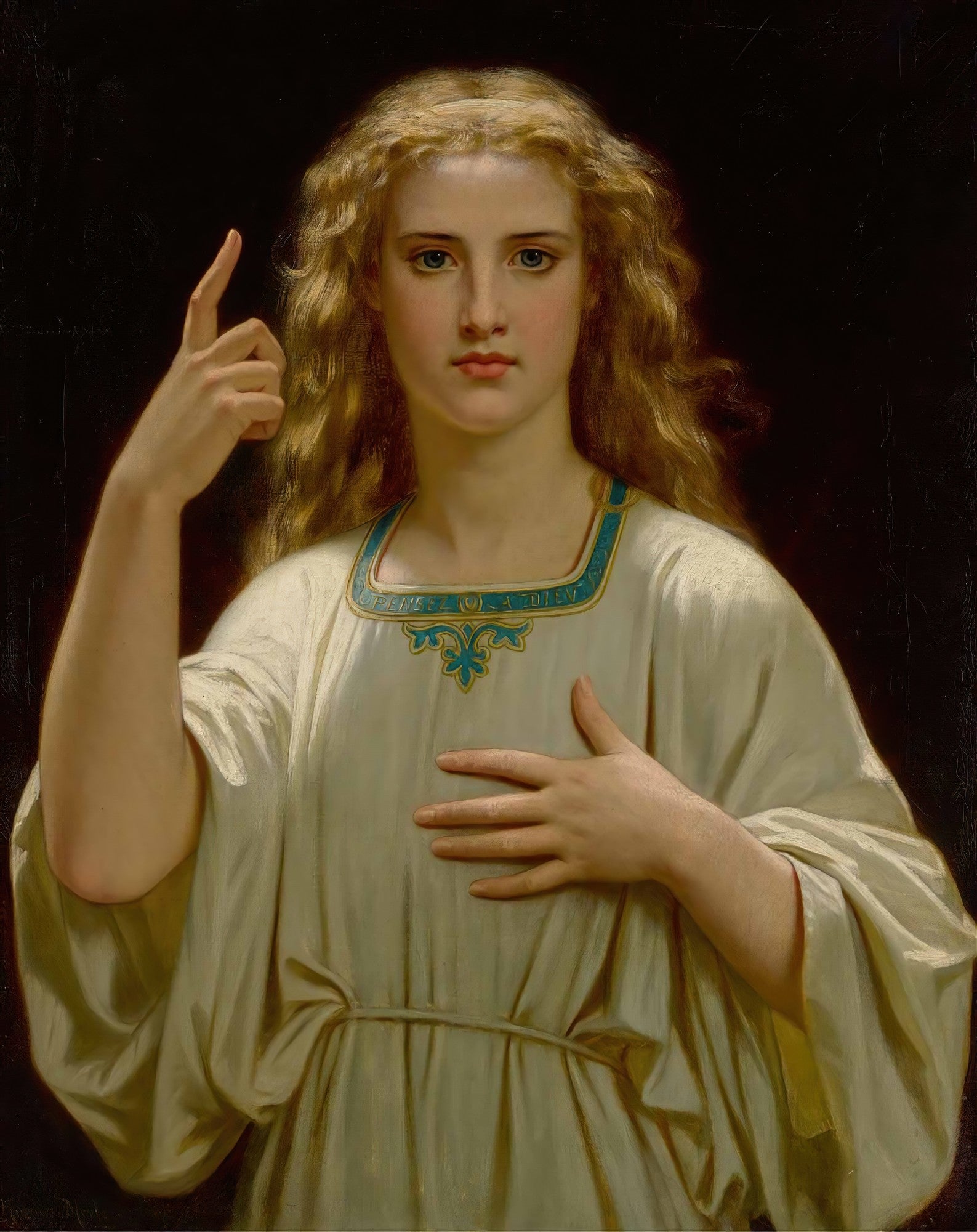Retrato de uma jovem mulher loira com expressão séria, vestindo um robe branco com detalhes azuis. Ela aponta um dedo para cima e a outra mão está sobre o peito, em um fundo escuro.