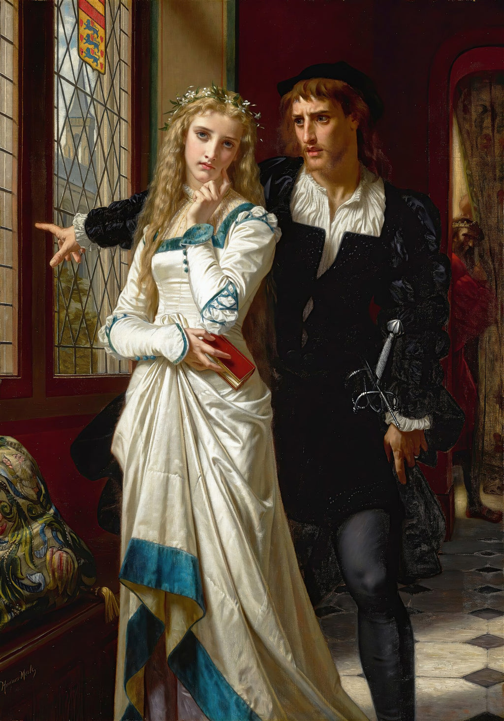 Pintura a óleo de Hugues Merle, 'A Despedida de Mercúrio e Herse', retratando um homem e uma mulher em trajes de época com expressões melancólicas, em um cenário interno com janela.