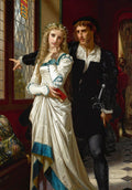 Pintura a óleo de Hugues Merle, 'A Despedida de Mercúrio e Herse', retratando um homem e uma mulher em trajes de época com expressões melancólicas, em um cenário interno com janela.