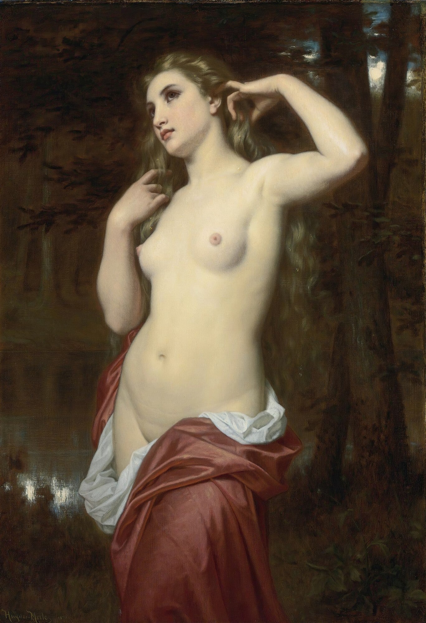 Quadro decorativo da pintura A Ninfa da Fonte de Hugues Merle, retratando uma mulher nua, de cabelos longos e loiros, com um tecido vermelho cobrindo parcialmente as pernas, em um cenário de floresta escura.