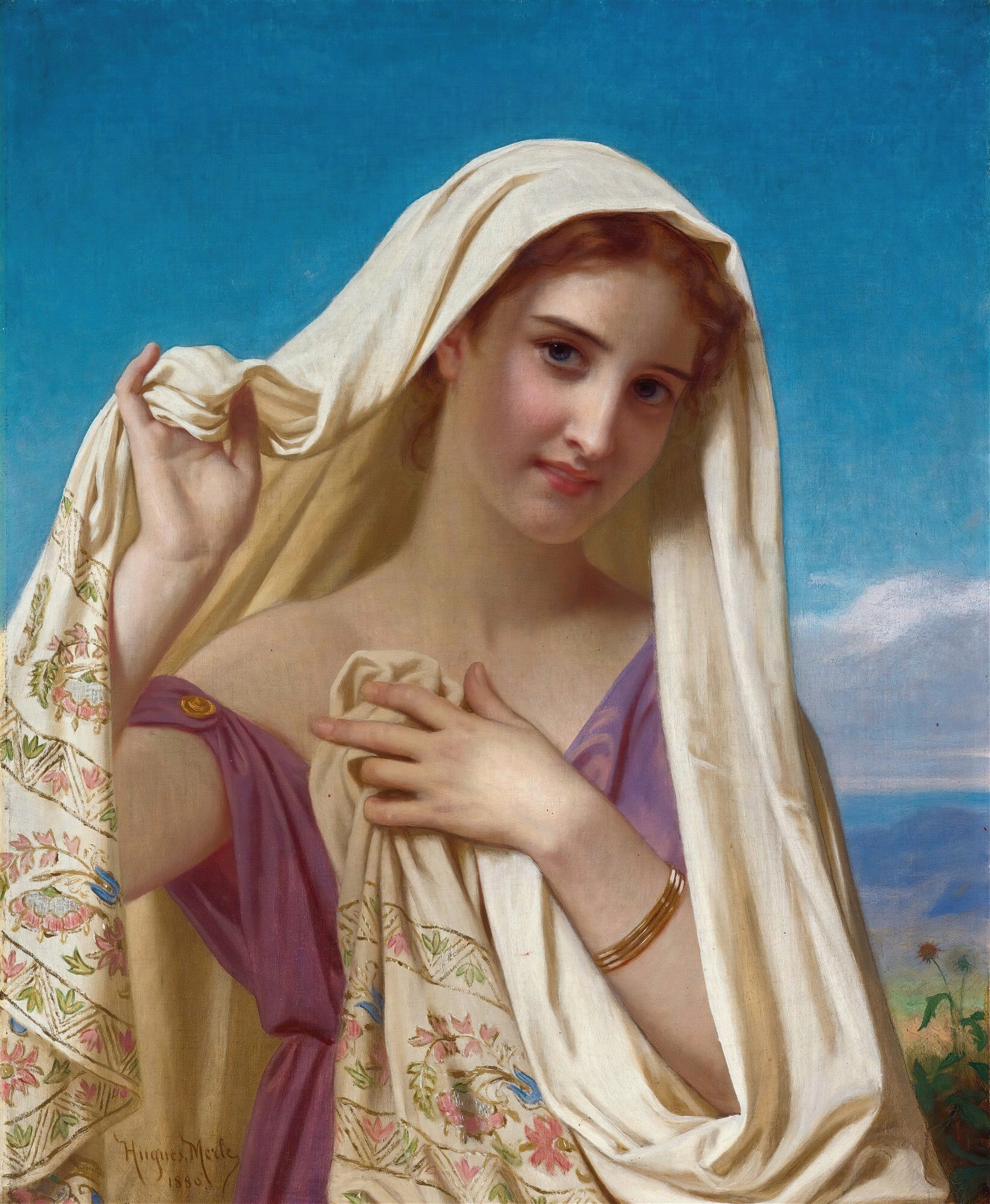 Retrato de uma jovem mulher de cabelos ruivos com véu branco e vestido roxo, sorrindo gentilmente, contra um fundo azul com paisagem ao longe. A obra é de Hugues Merle.