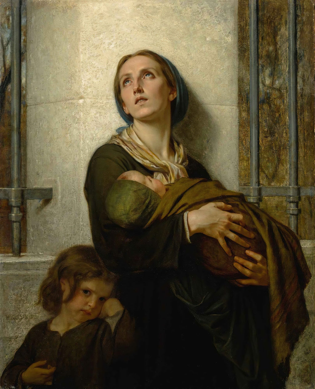 Uma pintura a óleo de Hugues Merle, 'A Mãe e Seus Filhos', mostrando uma mãe com expressão de súplica olhando para cima, segurando um bebê nos braços, enquanto uma criança pequena olha para o observador com melancolia. A cena é dramática e emocional, com tons terrosos e luz suave.