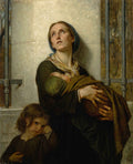 Uma pintura a óleo de Hugues Merle, 'A Mãe e Seus Filhos', mostrando uma mãe com expressão de súplica olhando para cima, segurando um bebê nos braços, enquanto uma criança pequena olha para o observador com melancolia. A cena é dramática e emocional, com tons terrosos e luz suave.